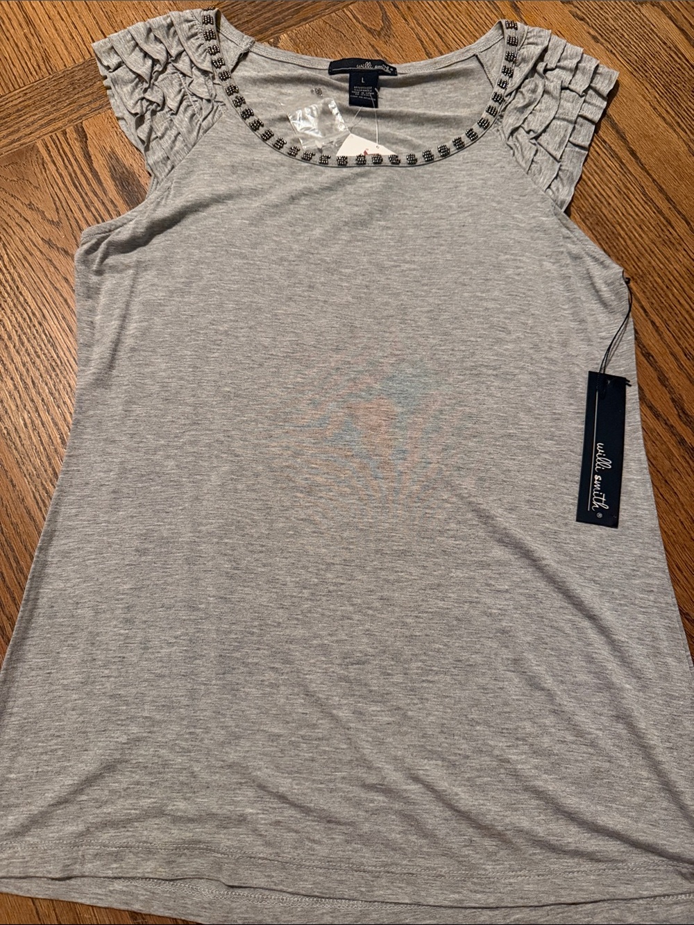Will Smith Light Gray Ruffle Sleeve Tank with Embellished beaded Neckline Sz L
